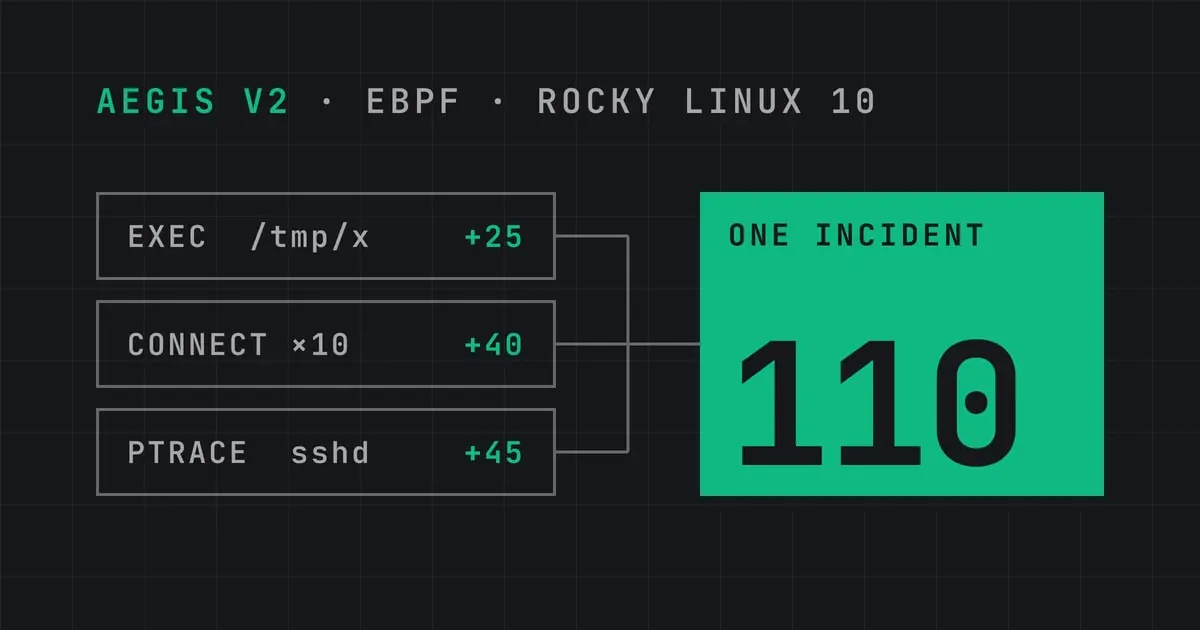 Three kernel events, a binary run from /tmp, ten outbound connects and a debugger on sshd, add up to one Aegis v2 incident scored 110