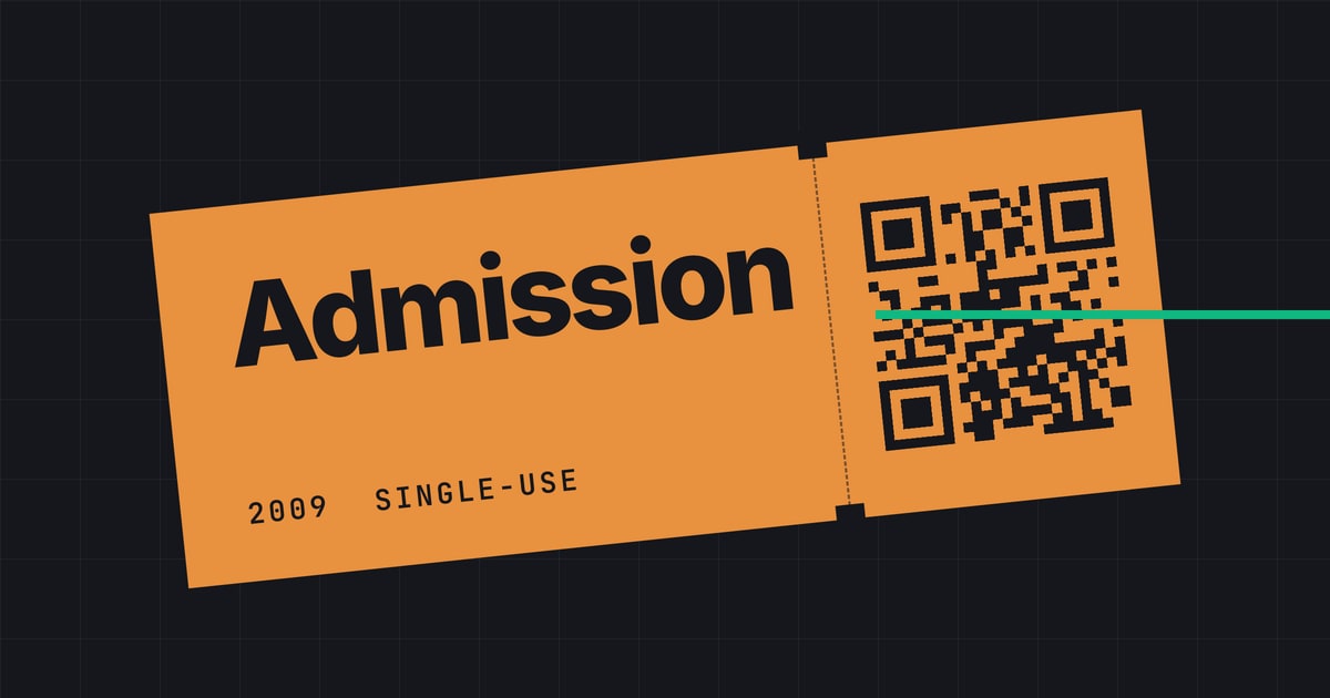 An orange admission ticket with a perforated stub, its QR code being read by a green scan beam
