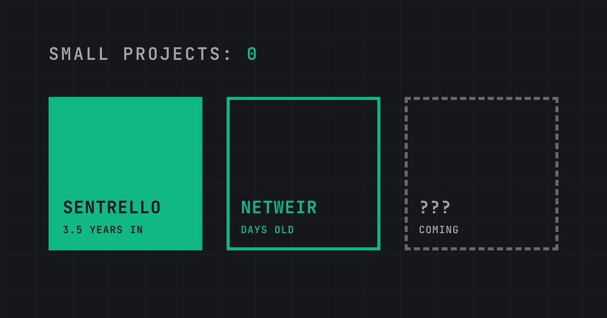 Three large blocks: Sentrello in solid green, NetWeir outlined in green, and a dashed placeholder marked with question marks, under the line Small projects: 0