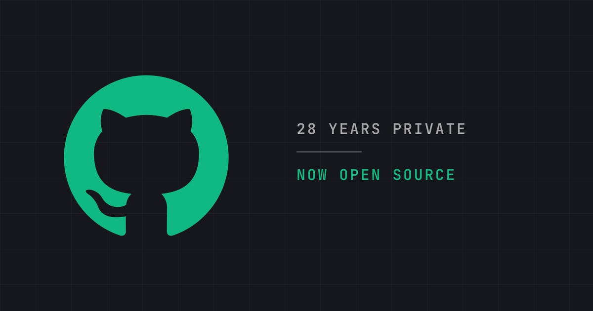 The GitHub mark in brand green beside two lines: 28 years private, now open source